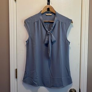 NWOT Pale blue, capped sleeve blouse with tie neck. Polyester/Spandex